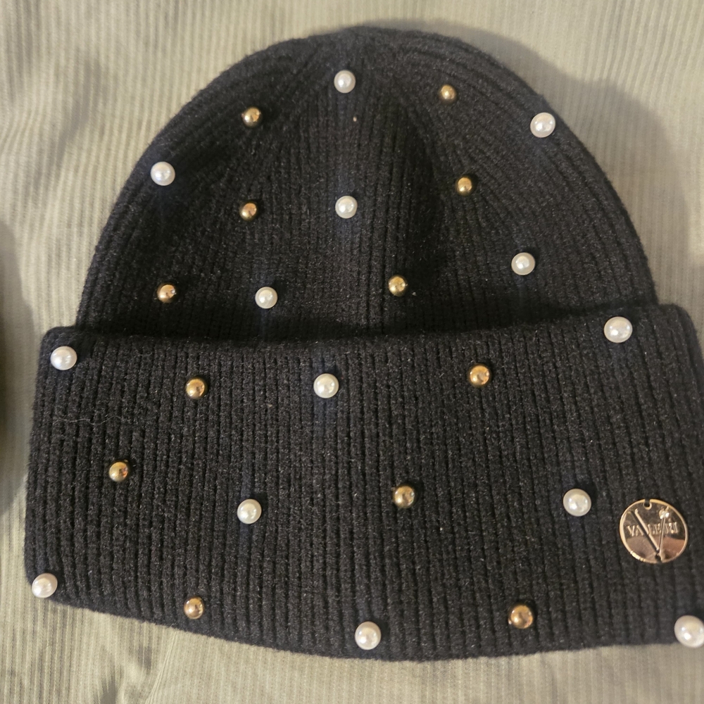 Black Beanie with Pearl and Gold Accents